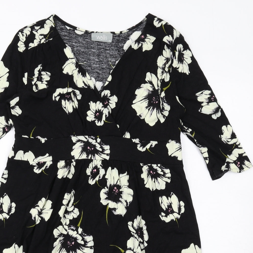Wallis Womens Black Floral Viscose A-Line Size 14 V-Neck Pullover