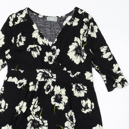 Wallis Womens Black Floral Viscose A-Line Size 14 V-Neck Pullover