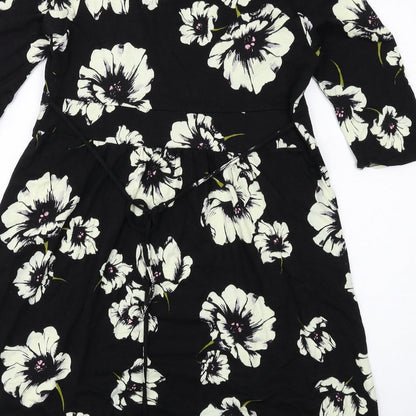 Wallis Womens Black Floral Viscose A-Line Size 14 V-Neck Pullover