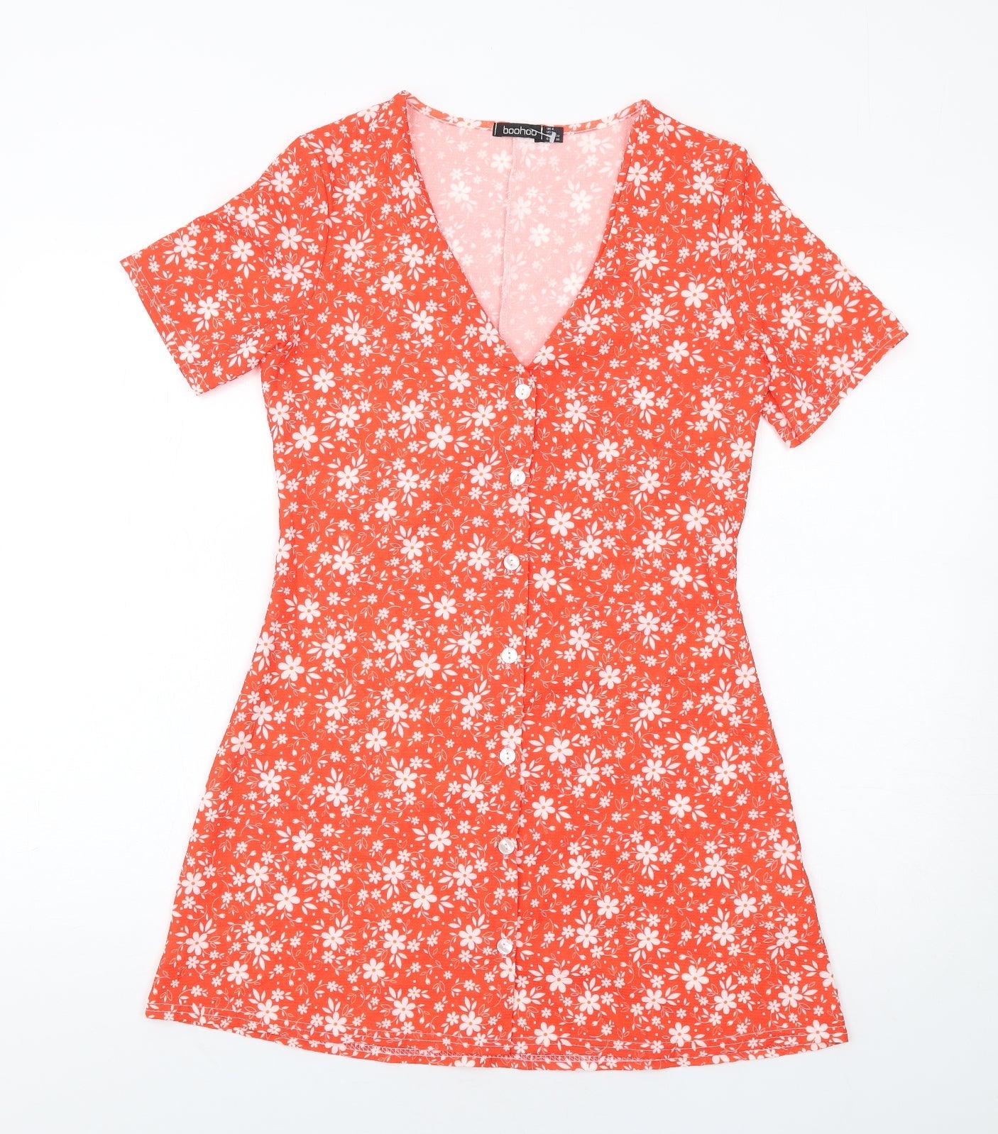 Boohoo Womens Red Floral Polyester A-Line Size 4 V-Neck Button