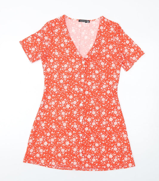 Boohoo Womens Red Floral Polyester A-Line Size 4 V-Neck Button
