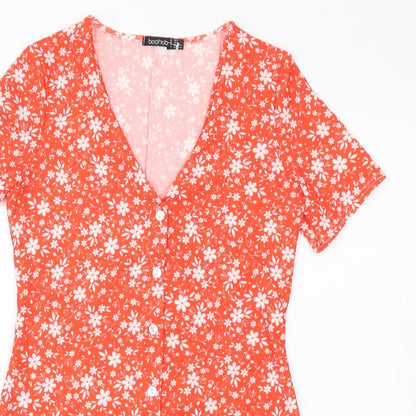 Boohoo Womens Red Floral Polyester A-Line Size 4 V-Neck Button