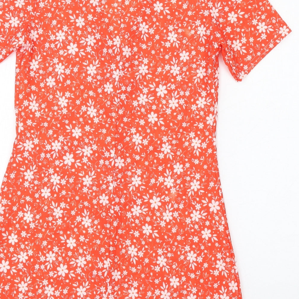 Boohoo Womens Red Floral Polyester A-Line Size 4 V-Neck Button