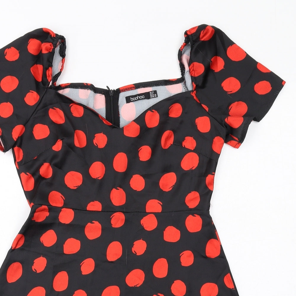 Boohoo Womens Black Polka Dot Polyester A-Line Size 10 V-Neck Zip