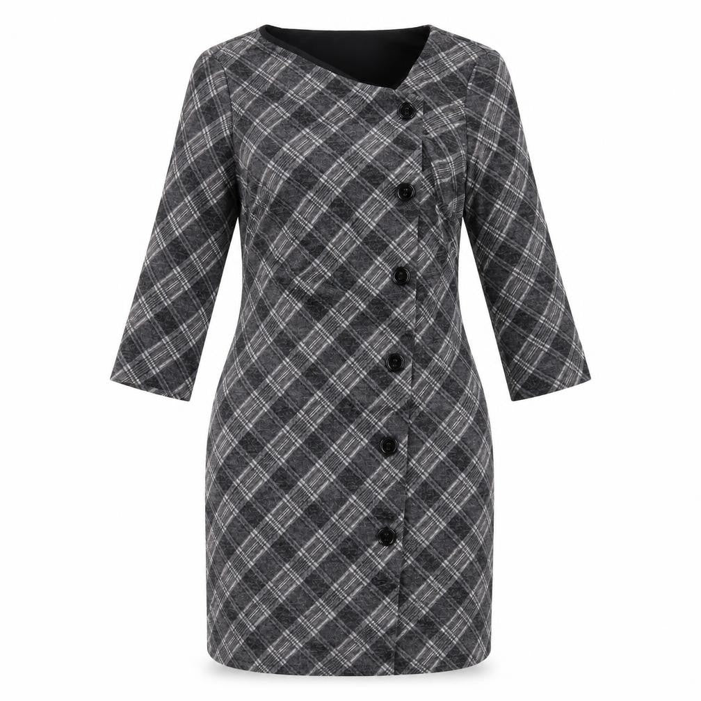 Connected Womens Grey Plaid Polyester Pencil Dress Size 10 Square Neck Pullover