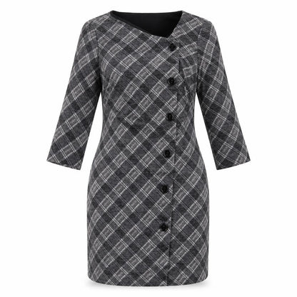 Connected Womens Grey Plaid Polyester Pencil Dress Size 10 Square Neck Pullover
