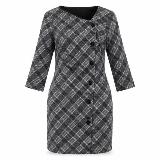Connected Womens Grey Plaid Polyester Pencil Dress Size 10 Square Neck Pullover