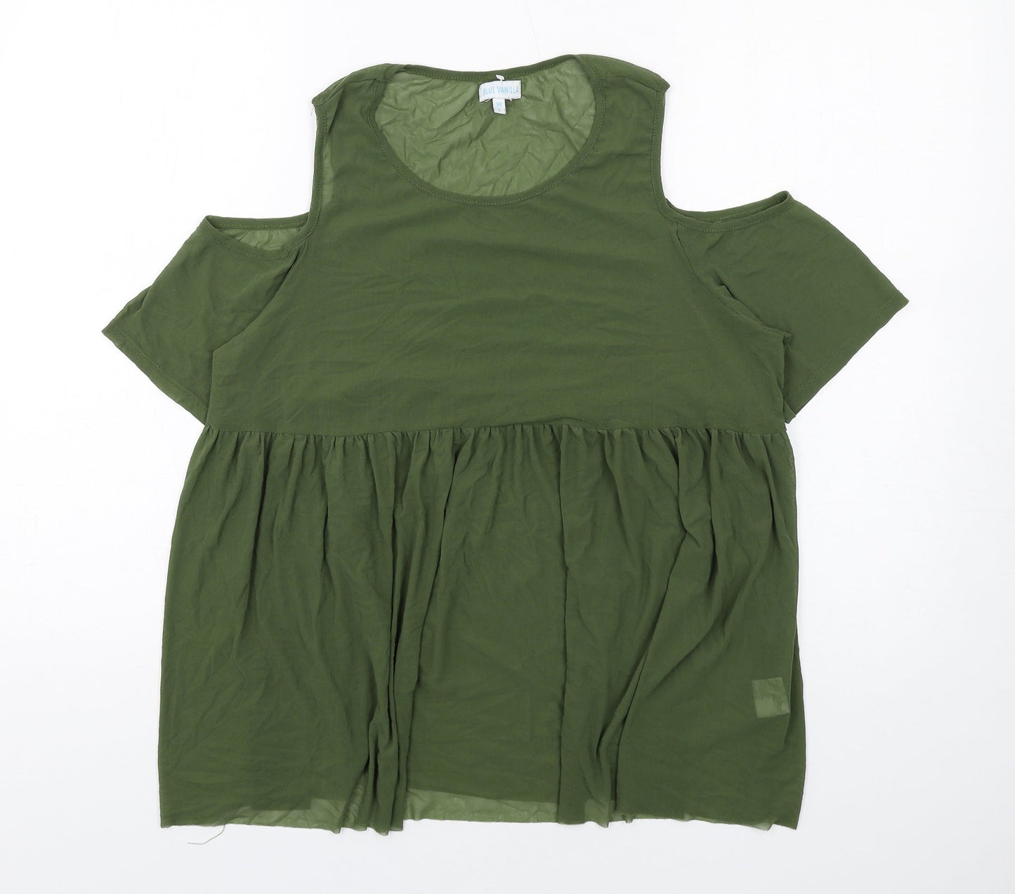 Blue Vanilla Womens Green Nylon Basic T-Shirt Size 10 Round Neck - Cold Shoulder