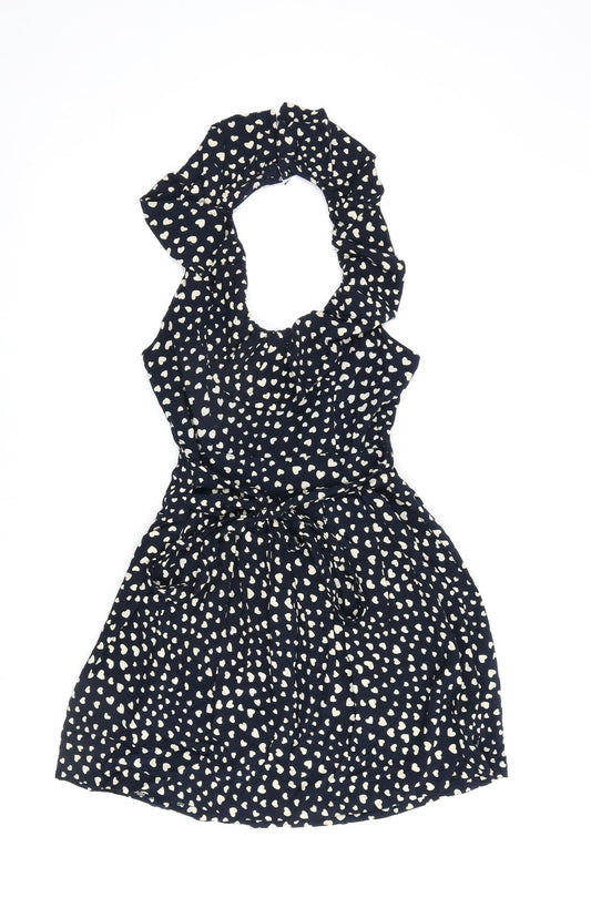 Apricot Womens Blue Geometric Viscose A-Line Size M Halter Button