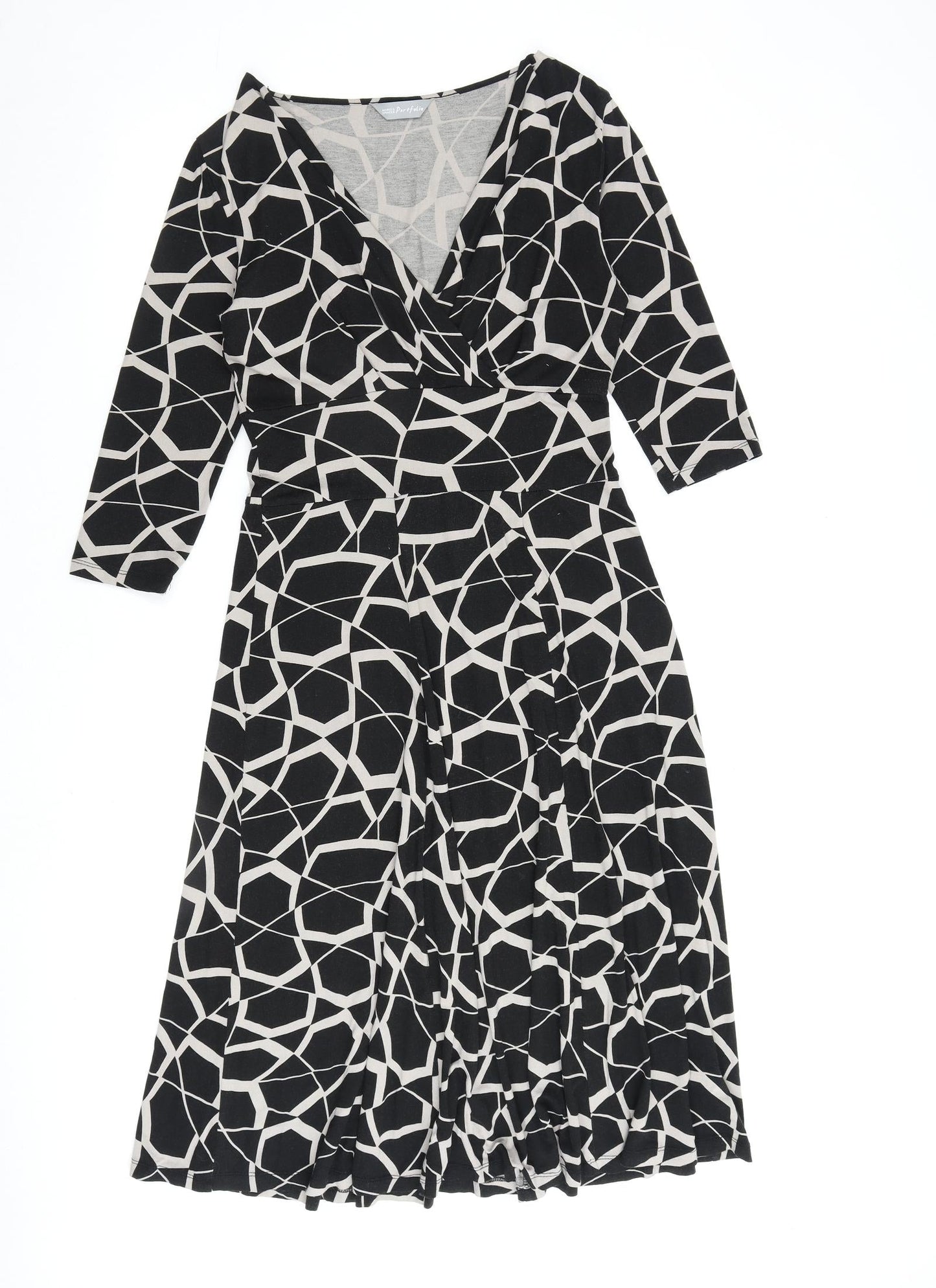 Marks and Spencer Womens Black Geometric Viscose A-Line Size 10 V-Neck Pullover