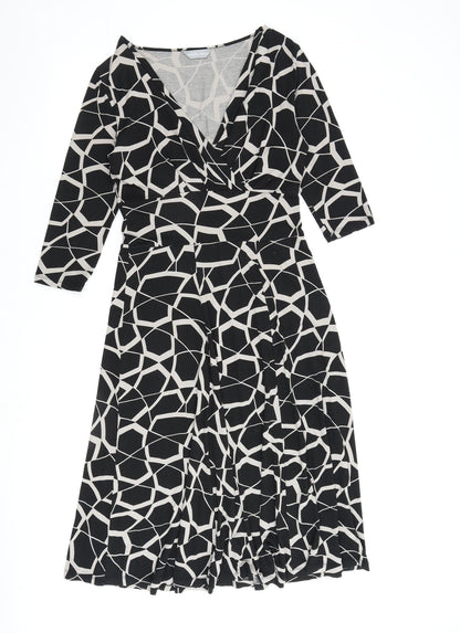 Marks and Spencer Womens Black Geometric Viscose A-Line Size 10 V-Neck Pullover