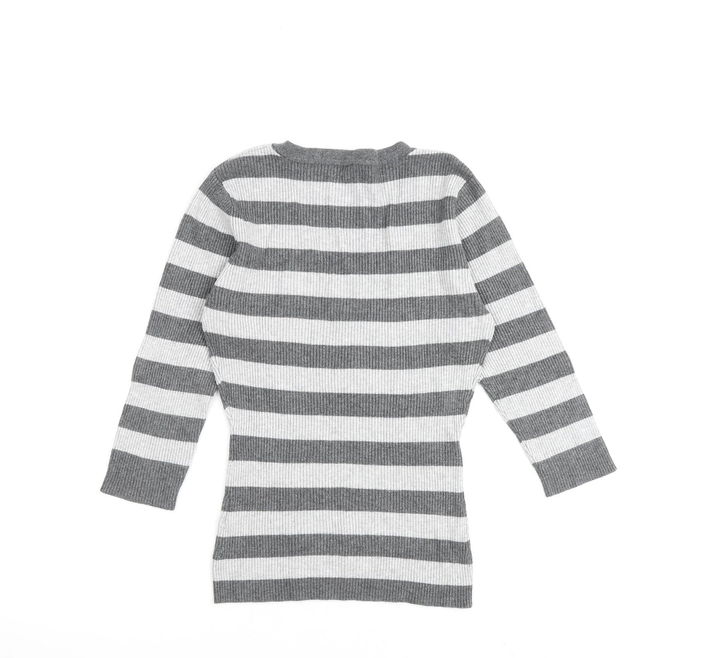 Bay Womens Grey V-Neck Striped Viscose Pullover Jumper Size 10