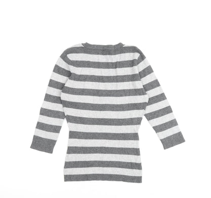 Bay Womens Grey V-Neck Striped Viscose Pullover Jumper Size 10