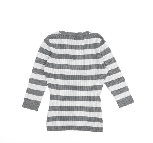 Bay Womens Grey V-Neck Striped Viscose Pullover Jumper Size 10