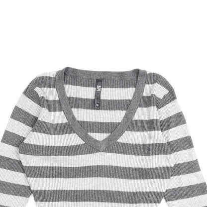 Bay Womens Grey V-Neck Striped Viscose Pullover Jumper Size 10
