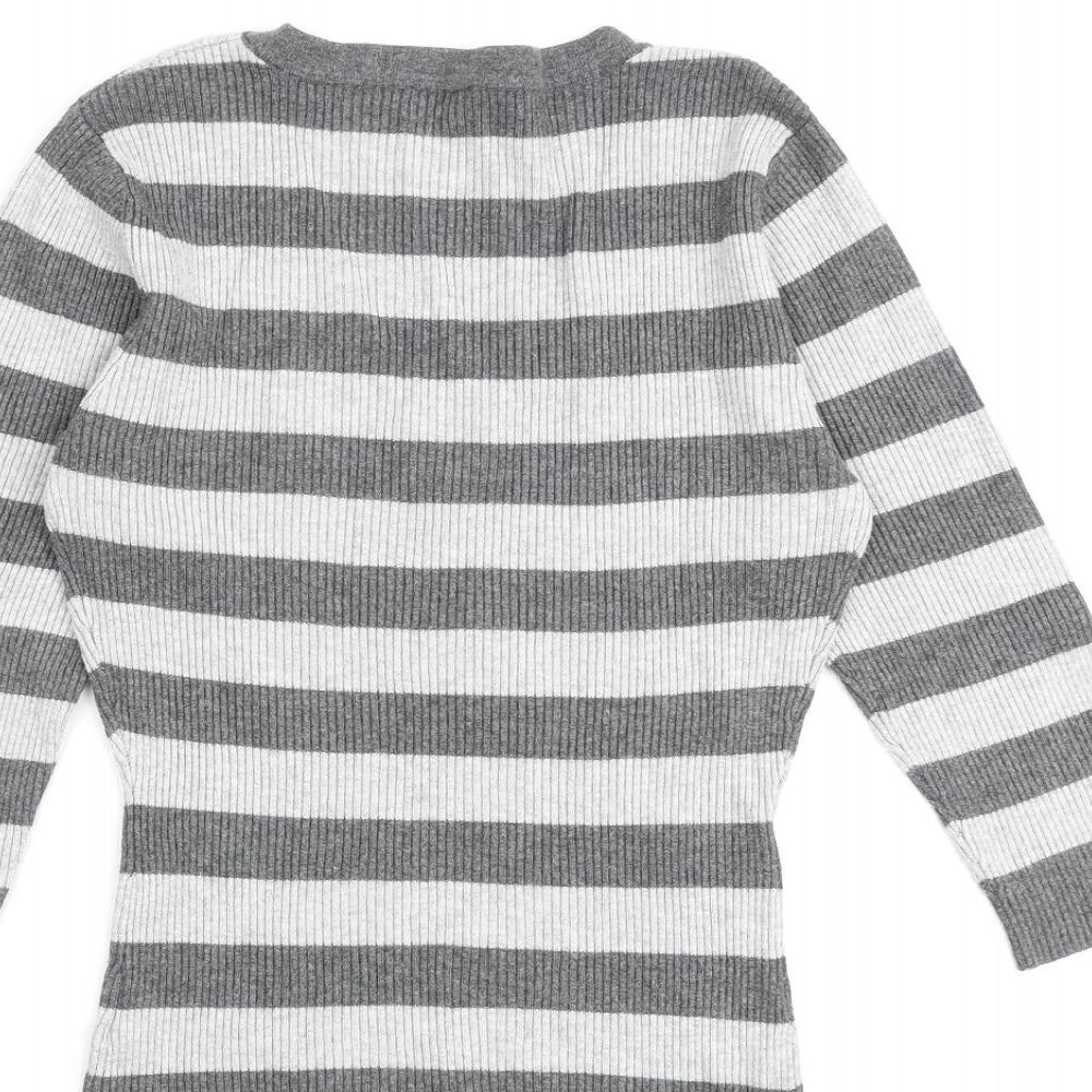 Bay Womens Grey V-Neck Striped Viscose Pullover Jumper Size 10