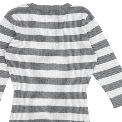 Bay Womens Grey V-Neck Striped Viscose Pullover Jumper Size 10