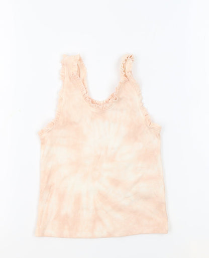 Marks and Spencer Girls Pink Geometric Cotton Basic Tank Size 8-9 Years Round Neck Pullover - Tie Dye Ruffles