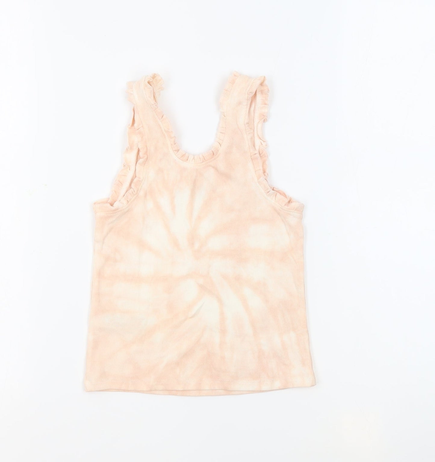 Marks and Spencer Girls Pink Geometric Cotton Basic Tank Size 8-9 Years Round Neck Pullover - Tie Dye Ruffles