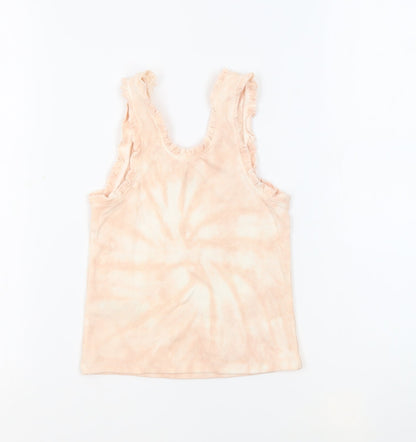 Marks and Spencer Girls Pink Geometric Cotton Basic Tank Size 8-9 Years Round Neck Pullover - Tie Dye Ruffles