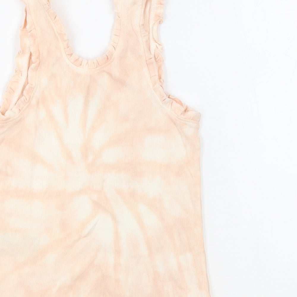 Marks and Spencer Girls Pink Geometric Cotton Basic Tank Size 8-9 Years Round Neck Pullover - Tie Dye Ruffles