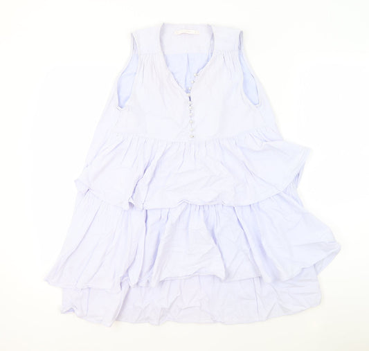 Zara Womens Blue 100% Cotton A-Line Size S V-Neck Button - Ruffles
