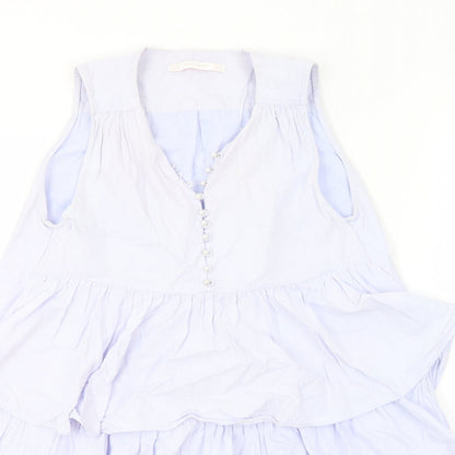 Zara Womens Blue 100% Cotton A-Line Size S V-Neck Button - Ruffles