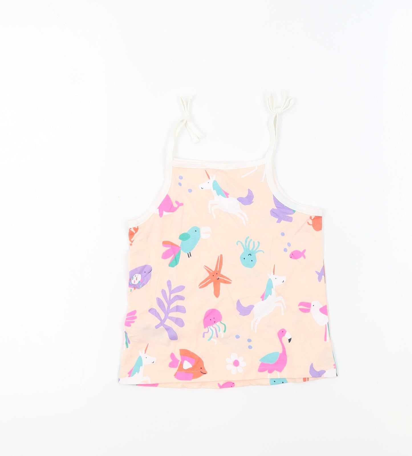 Marks and Spencer Girls Beige Geometric 100% Cotton Basic Tank Size 4-5 Years Square Neck Pullover - Unicorn Crabs Flamingos