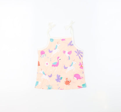 Marks and Spencer Girls Beige Geometric 100% Cotton Basic Tank Size 4-5 Years Square Neck Pullover - Unicorn Crabs Flamingos