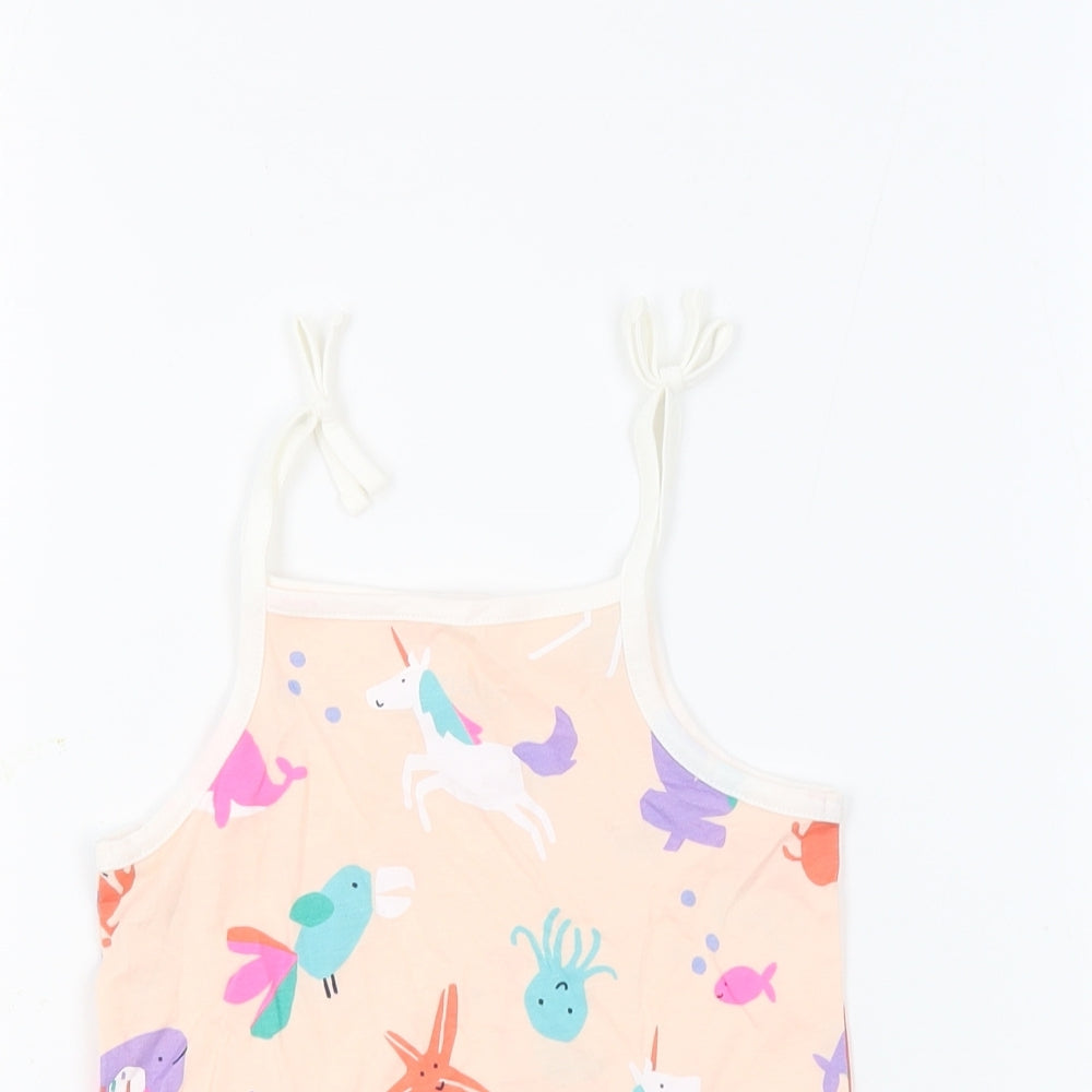 Marks and Spencer Girls Beige Geometric 100% Cotton Basic Tank Size 4-5 Years Square Neck Pullover - Unicorn Crabs Flamingos