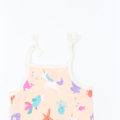 Marks and Spencer Girls Beige Geometric 100% Cotton Basic Tank Size 4-5 Years Square Neck Pullover - Unicorn Crabs Flamingos