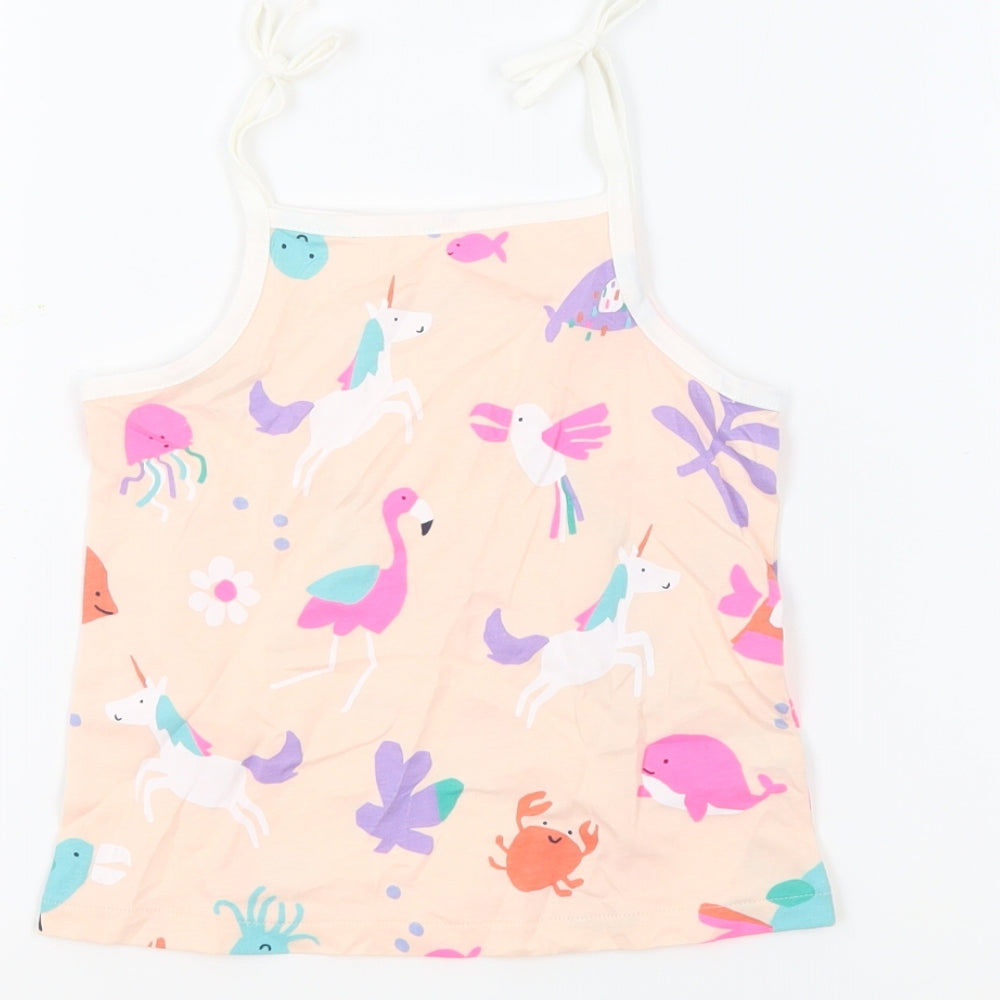 Marks and Spencer Girls Beige Geometric 100% Cotton Basic Tank Size 4-5 Years Square Neck Pullover - Unicorn Crabs Flamingos