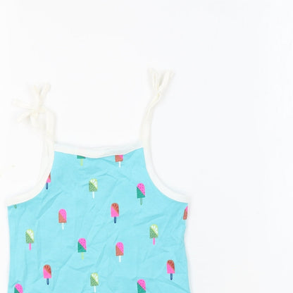 Marks and Spencer Girls Blue Geometric 100% Cotton Basic Tank Size 3-4 Years Square Neck Pullover - Ice Lollies
