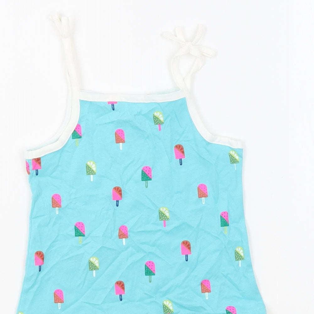 Marks and Spencer Girls Blue Geometric 100% Cotton Basic Tank Size 3-4 Years Square Neck Pullover - Ice Lollies