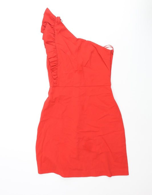 Zara Womens Red Cotton Mini Size XS One Shoulder Zip - Frill