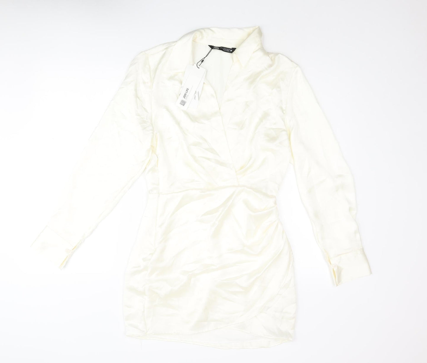 Zara Womens Ivory Polyester Wrap Dress Size M Collared Zip