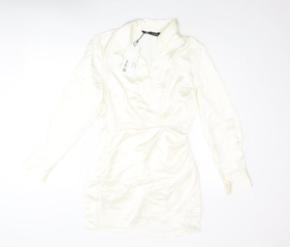Zara Womens Ivory Polyester Wrap Dress Size M Collared Zip