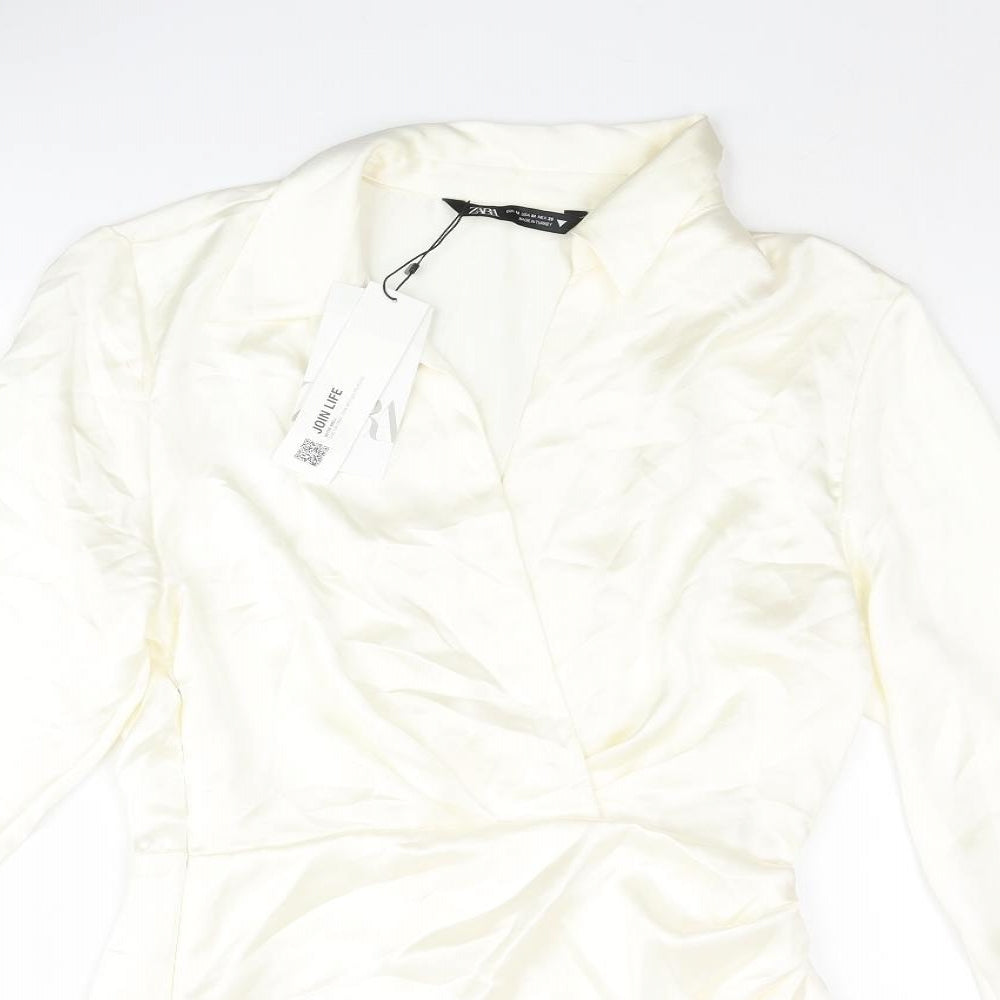 Zara Womens Ivory Polyester Wrap Dress Size M Collared Zip