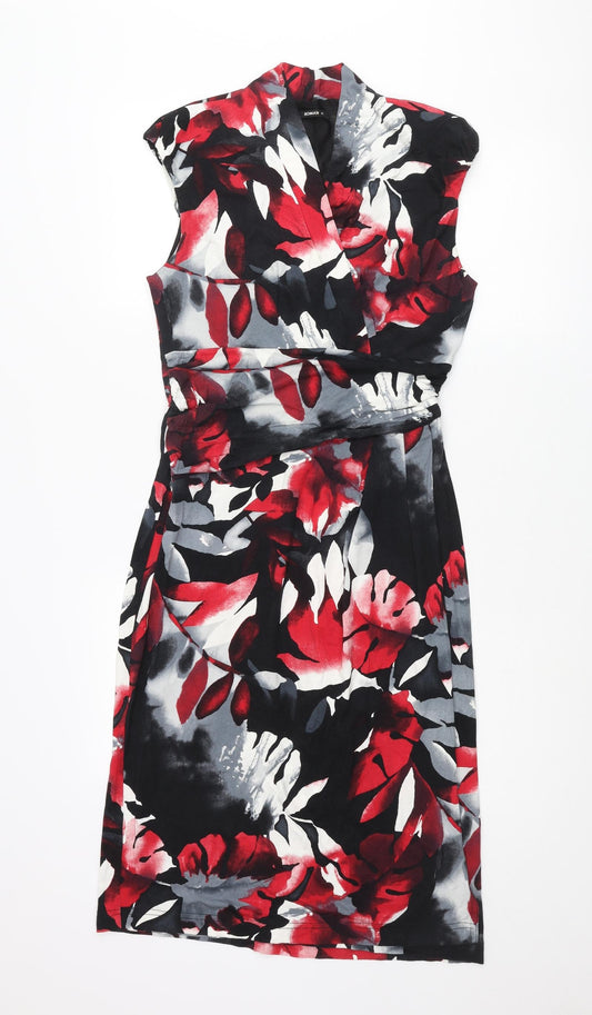 Additional front view of Roman women’s multicoloured geometric viscose pencil dress, size UK 12, v-neck pullover - leaf print