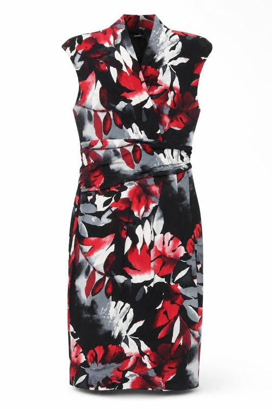Front view of Roman women’s multicoloured geometric viscose pencil dress, size UK 12, v-neck pullover - leaf print