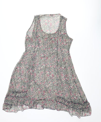 Indigo Womens Multicoloured Floral Polyester Shift Size 12 Scoop Neck Button - Frill