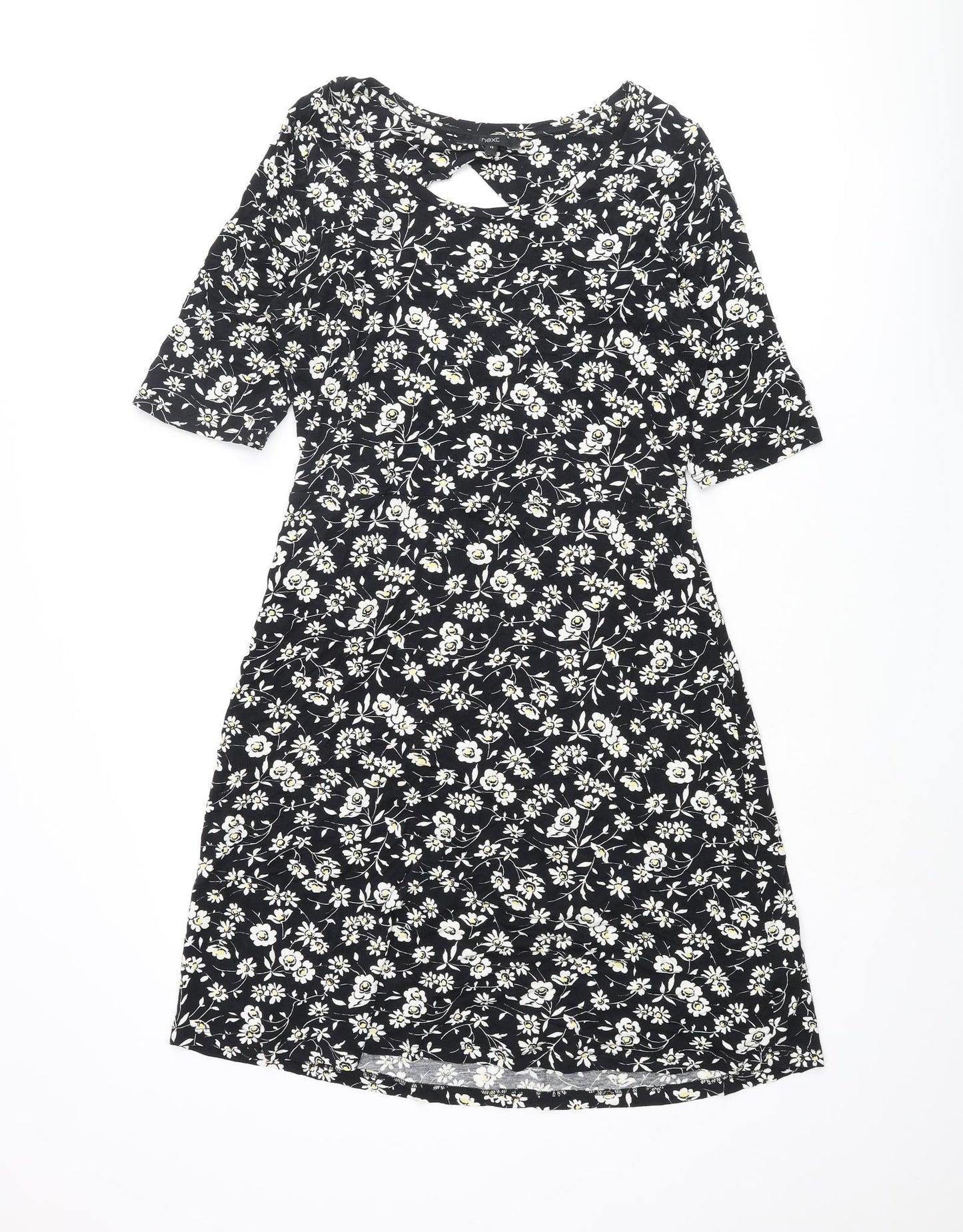 NEXT Womens Black Floral Viscose A-Line Size 12 Round Neck Pullover - Cut Out Back