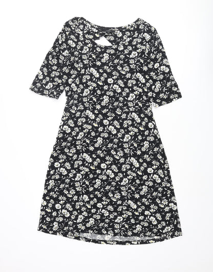 NEXT Womens Black Floral Viscose A-Line Size 12 Round Neck Pullover - Cut Out Back