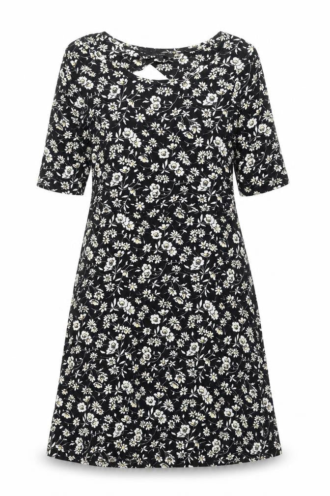 NEXT Womens Black Floral Viscose A-Line Size 12 Round Neck Pullover - Cut Out Back