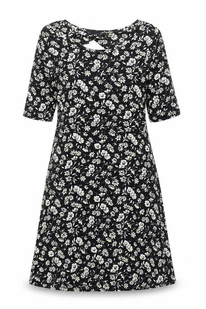 NEXT Womens Black Floral Viscose A-Line Size 12 Round Neck Pullover - Cut Out Back