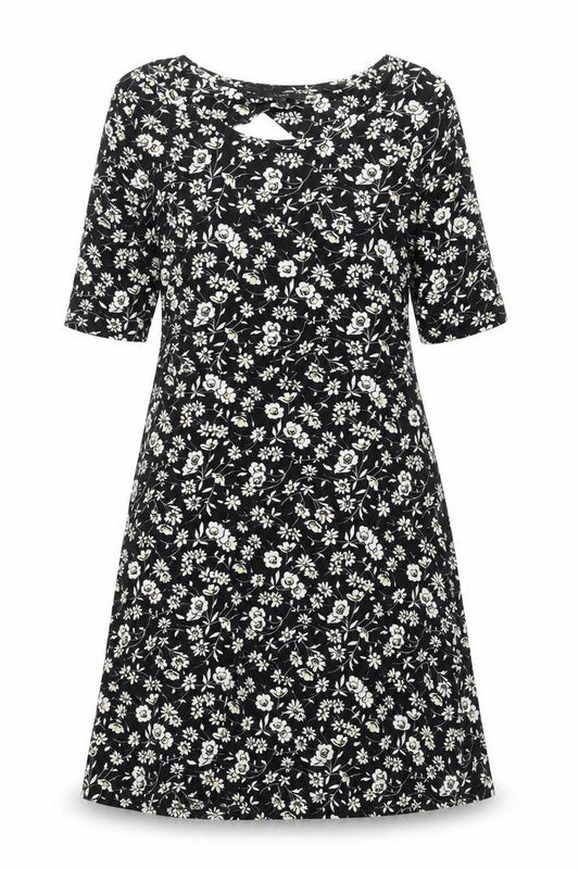 NEXT Womens Black Floral Viscose A-Line Size 12 Round Neck Pullover - Cut Out Back
