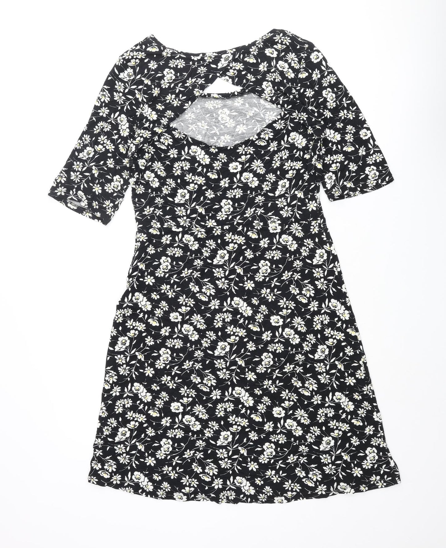 NEXT Womens Black Floral Viscose A-Line Size 12 Round Neck Pullover - Cut Out Back