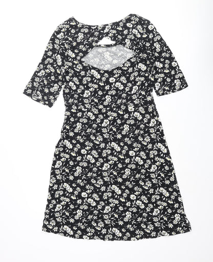 NEXT Womens Black Floral Viscose A-Line Size 12 Round Neck Pullover - Cut Out Back