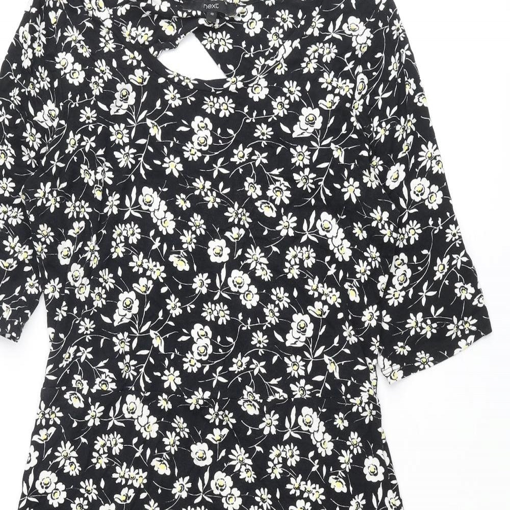 NEXT Womens Black Floral Viscose A-Line Size 12 Round Neck Pullover - Cut Out Back