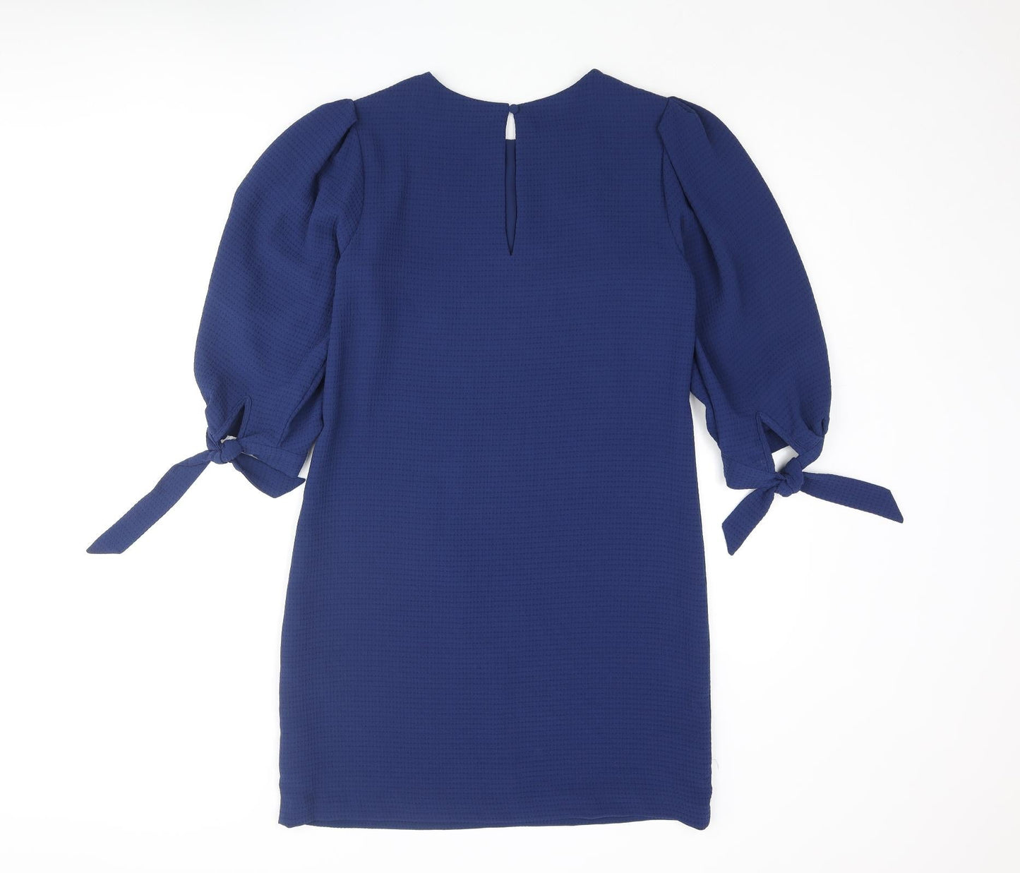 H&M Womens Blue Polyester Shift Size 6 Round Neck Button - Bow
